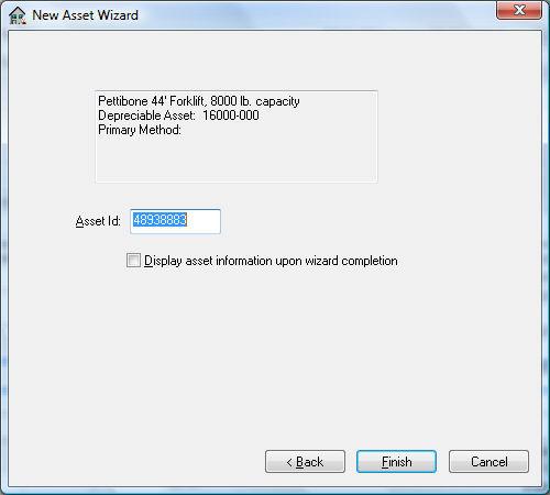 Managing Rental Equipment 7. Enter the Asset ID. Display asset information upon wizard completion will open the Depreciable Asset window. Click Finish to complete the wizard.