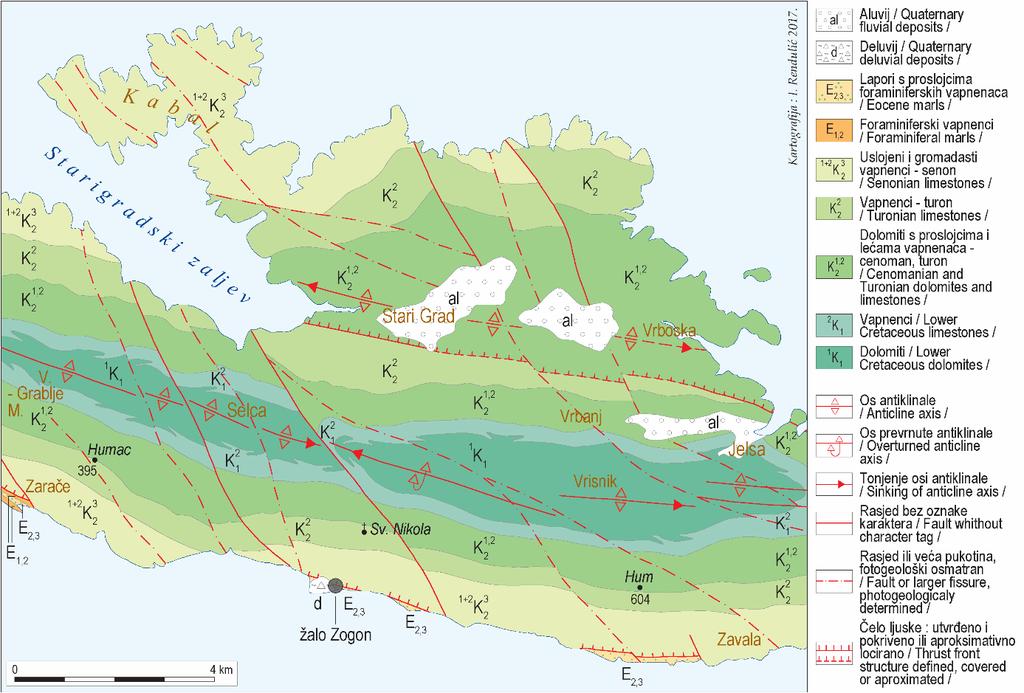 Slika 2. Geološka karta dijela otoka Hvara (Izvor: Marinčić, Majcen, 1976.) Figure 2 Segment of the Island of Hvar geological map (Source: Marinčić, Majcen, 1976) 6.