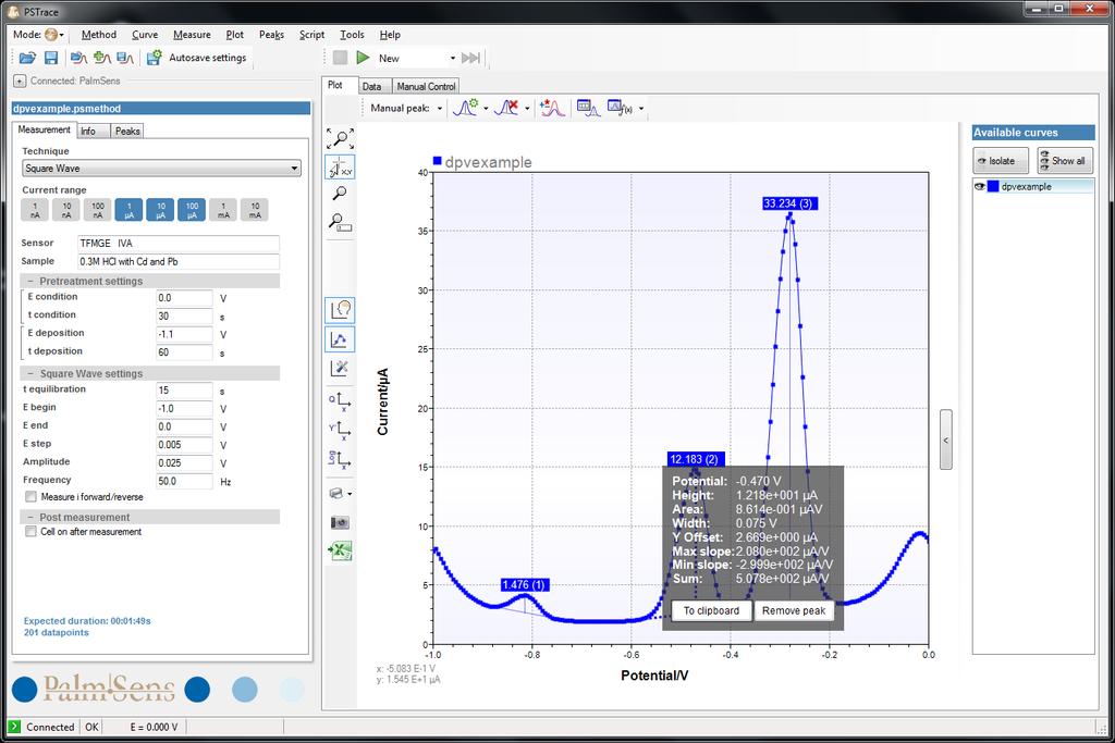 PSTrace main features Analysis The program performs automatic as well as interactive peak detection and shows the peak potential, height, area, and width.