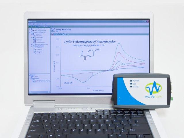Weighing less than 200 grams, the WaveNow potentiostat system features a convenient USB interface, a fully functional potentiostat and galvanostat, and our powerful AfterMath instrument control and