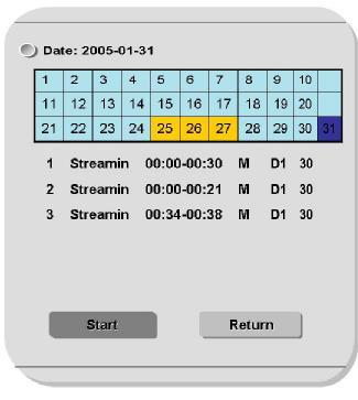 to allow to select; 1 ; the channel number Streamin : the channel name: 00:00-00:30 : the record data start and end time; M ; the