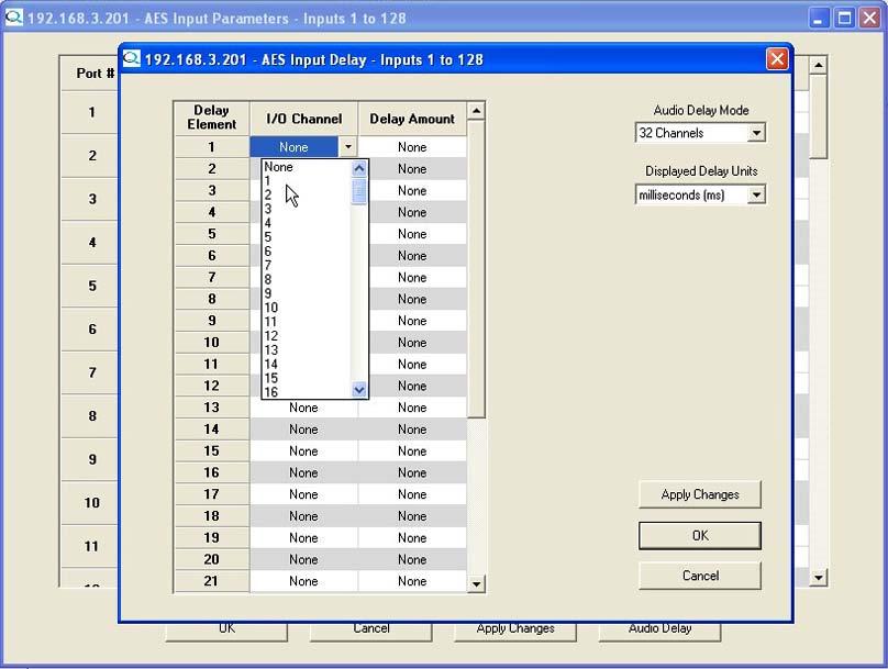To apply delay to an audio channel choose a delay element (delay line) and open the I/O Channel dropdown list on the row of the desired element by clicking in the box as shown in Figure 4-17.