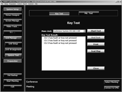 Online system test facility, including microphone test and key test.