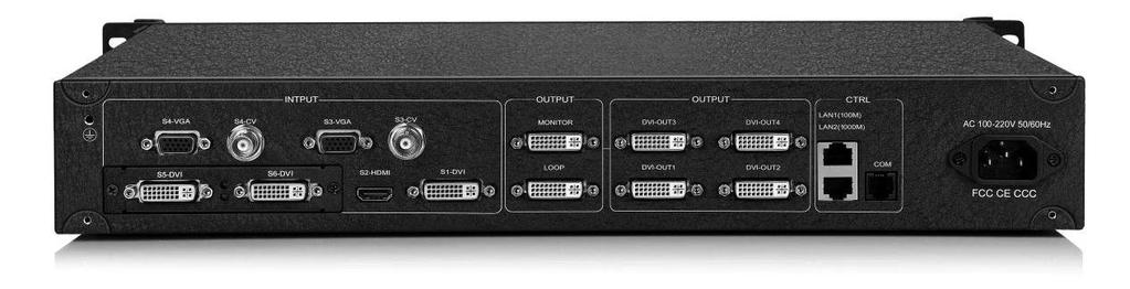 2.2 Back panel 1 2 3 4 5 6 7 8 9 1. MONTOR: Pre-monitor channel for monitoring input signal source or output interface information. 2. OUTPUT: Programmatic output channel for pure digital DVI-D output and transmitting card connection.