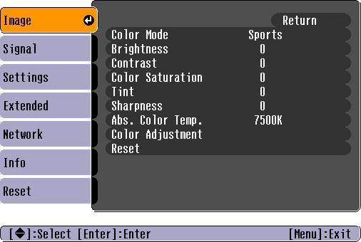 List of Functions 41 Image Menu Items that can be set vary depending on the image signal currently being projected as shown in the following screen shots.