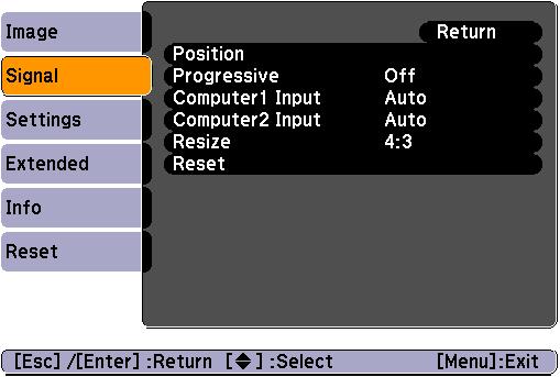 List of Functions 42 Signal Menu Items that can be set vary depending on the image signal currently being projected as shown in the following screen shots.