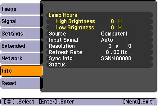List of Functions 57 Info Menu (Display Only) Lets you check the status of the image signals being projected and the status of the projector.