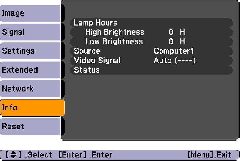 List of Functions 65 Info Menu (Display Only) Lets you check the status of the image signals being projected and the status of the projector.