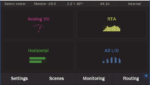 5.2 Changing the Meter Page To change meter type, just press anywhere in the active meter and you will be able to select any of the four metering options: Analog VU RTA Horizontal All I/O 5.2.1 Meter screens in detail 5.