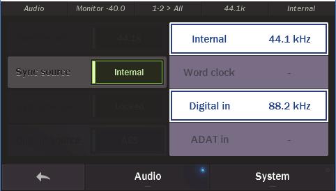 When you push the Sync Source button, you may select any of four possible sync options. If a clock source is valid, a sample rate will appear next to that selection.