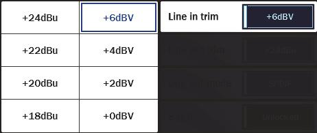 1.5 Line in trim Line in trim can be set to any of eight preset trim settings. The Line in trim button shows the currently selected trim level, it is the same for the Left and Right inputs.