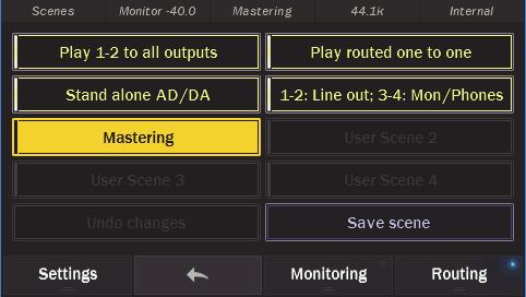 Scenes save volume position for outputs and sources, so keep in mind that there may be a change in level when a scene is recalled. Adjust monitoring equipment appropriately. 5.3.