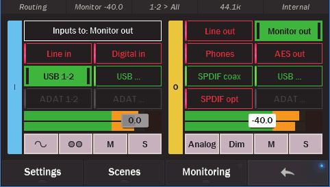 These buttons show the ADAT outputs. They are pictured in a disabled state. ADAT outputs become available for routing only when the Optical out mode is set to ADAT in Settings > Audio.
