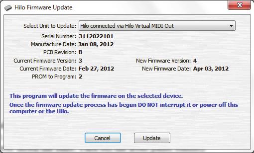 6 Firmware Updates Hilo contains firmware that is field-programmable via the computer connection. These updates improve performance and enhance functionality of Hilo.