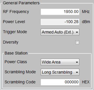 Mode: typically External trigger provided by the basestation under test Diversity: switches on the RX diversity The section Base Station defines the general BS settings: Power