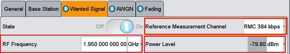 (both in tab General) 3. Select the Reference Measurement Channel and set the RF Frequency. In addition the resulting Power Level is displayed. (example: RMC 384 kbps, 1.95 GHz) 4.