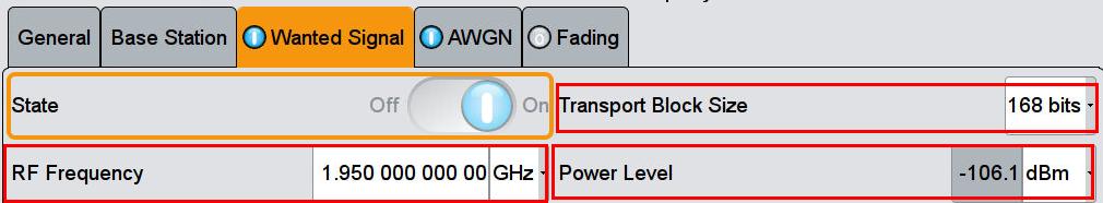 Select the Transport Block Size, the RF Frequency. In addition the resulting Power Level is displayed. (example: 168 bits, 1.95 GHz) 4. Set the required BLER (example 0.