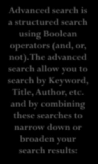 ADVANCED SEARCH Advanced search is a structured search using Boolean operators