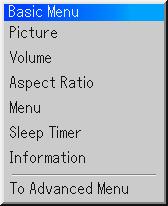 PROJECTING AN IMAGE Turning on the Projector 3. The Basic menu will be displayed in the language you have selected. MENU SELECT ENTER CANCEL To close the menu, press the CANCEL button.