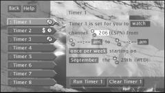 The Menu System Timers Feature The Timers feature allows you to preset your digital satellite receiver to automatically tune to a particular channel at a predetermined time.