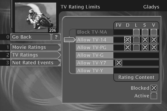 Using On-Screen Menus Setting the Rating Limit The Rating Limit menu enables you to set a maximum rating viewing limit for rated movies (based on the MPAA rating system) and TV programs.