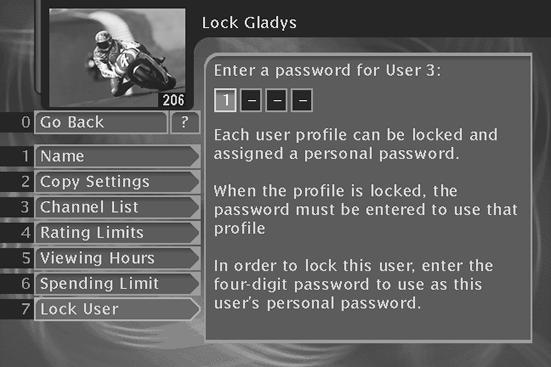 Using On-Screen Menus Locking a User s Profile Users can be assigned a personal password to lock their profile.