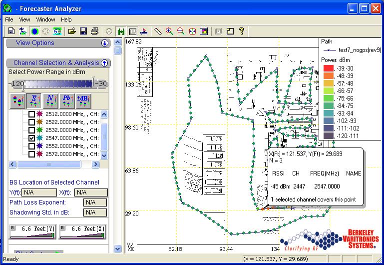 3.2.1 Plot RSSI Along Survey Path To plot the raw RSSI along the survey path, click on the button and then select the channel. A colorful drive path is shown below.