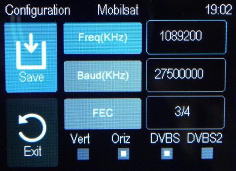New data can be inserted by pressing the related box: - Frequency (Freq): enter the frequency of the new transponder and add two zeros (see figure) with the numeric keys - Symbol rate (Baud): enter