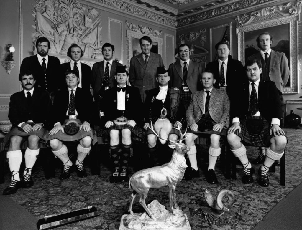 Pictured at the Glenfiddich Piping Championship in 1978, from back left: Ed Neigh; Murray Henderson; Tom Speirs; The Duke of Atholl; Hugh MacCallum; John MacDougall and Dr William Wotherspoon.