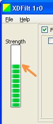 The optimum volume level setting is obtained when even the strongest input does not "peg" XDFIlt's Strength indicator.