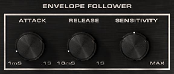 10 ENVELOPE FOLLOWER Section ATTACK knob: The ATTACK knob sets the ENVELOPE FOLLOWER's attack time from 1 to 100 ms.