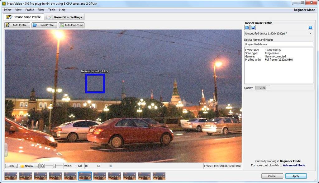 Make sure you use the Device Noise Profile tab: Case of automatic profiling To analyze the noise properties of the video clip, Neat Video uses uniform areas of the frame.