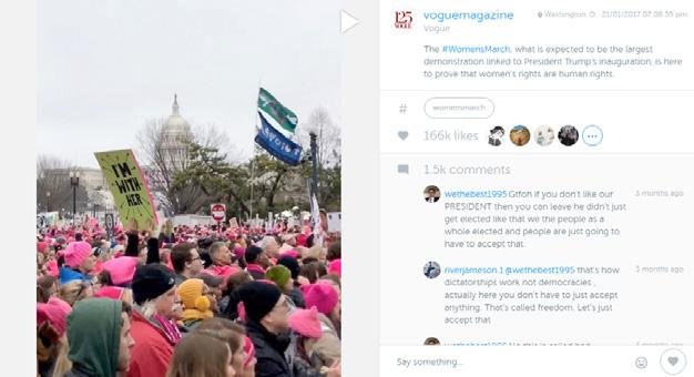 Most liked video - women The most liked video is positioned at the intersection of politics and events, capturing the Women s March and gaining 166.000 likes.