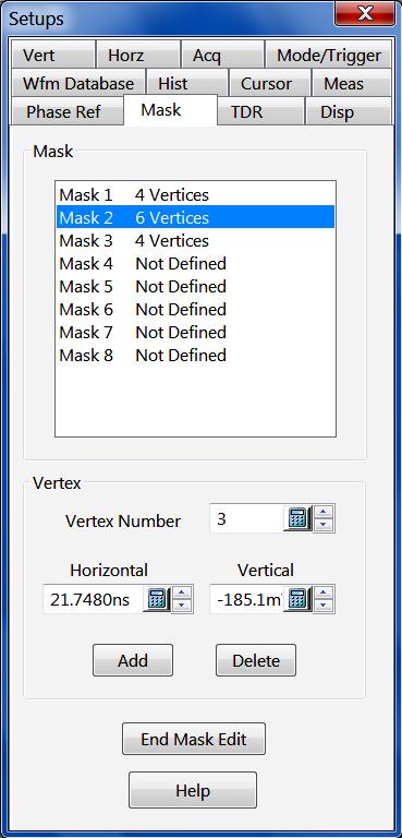 xxx Controls-specific help Mask Edit dialog box overview 15. Observe the mask test results in the Mask Readout. You can also print out a screen shot showing the mask test results. 16.