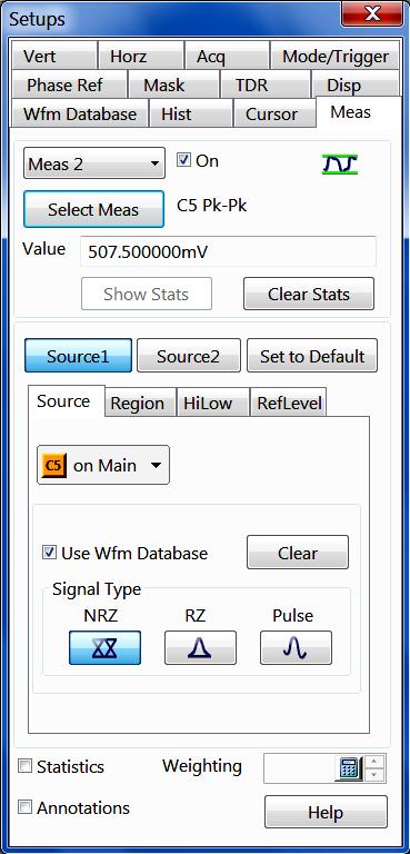 xxx Controls-specific help Measure setup dialog box overview Key Features: Take up to eight measurements (total) on the three waveform sources (Channel, Math, or Reference) Select measurement type