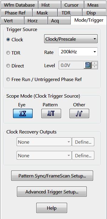Mode/Trigger setup dialog box overview These controls do the following: Select the trigger source (clock, TDR, Direct, or Free Run). Select the Scope mode (when the trigger source is Clock).