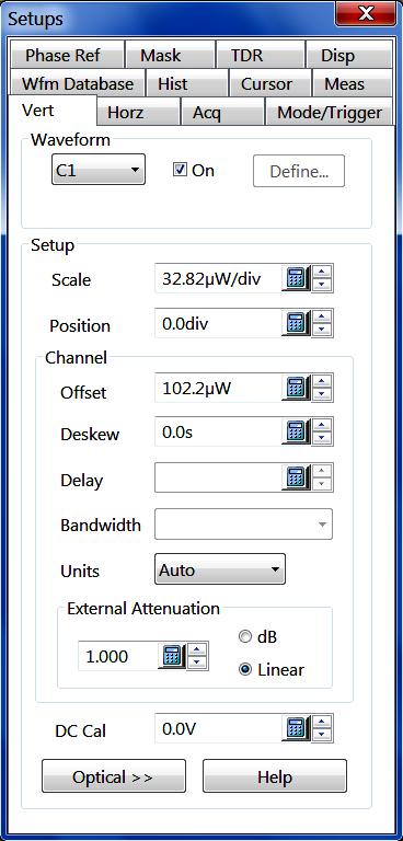 Vertical setup (basic) dialog box overview This dialog box contains the controls for vertical setup of all live (channel) waveforms for acquisition display.