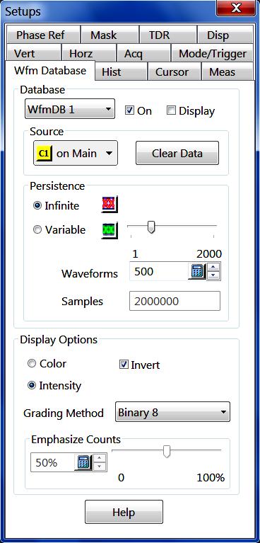 Waveform database setup dialog box overview A waveform database is a three-dimensional array that adds a count dimension to the standard vertical and horizontal dimensions.