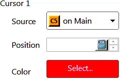Cursor 1 and 2 settings Cursor 1 and 2 settings Access these controls in the cursor setup dialog box. Use these controls to set the source, position, and color of Cursor 1 or 2.