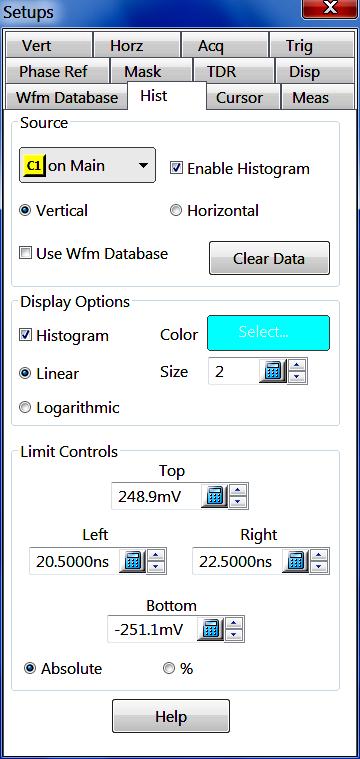 xxx Controls-specific help Histogram source settings Key features: Display a histogram of vertical or horizontal values for any channel, math, or reference waveform Adjust the limits of the box that