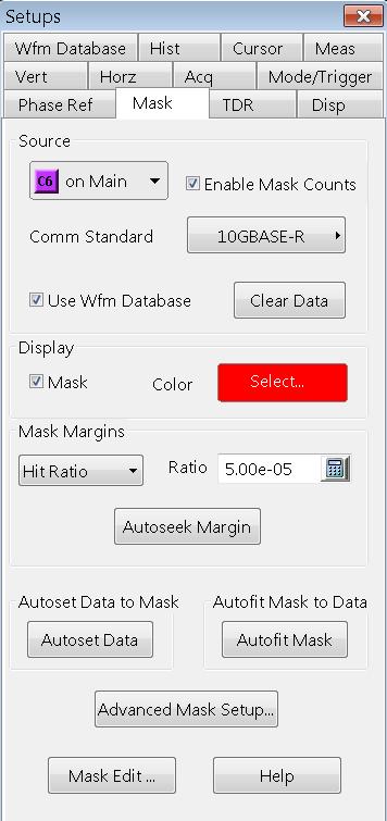 xxx Controls-specific help Mask setup dialog box overview Key Features: Select signal source and communications standard (see page 87) Enable/disable waveform database Enable/disable mask testing