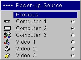 Sources>Autosource: When Autosource is not checked, the projector defaults to the source selected in Powerup Source. If no source is found, a blank screen displays.