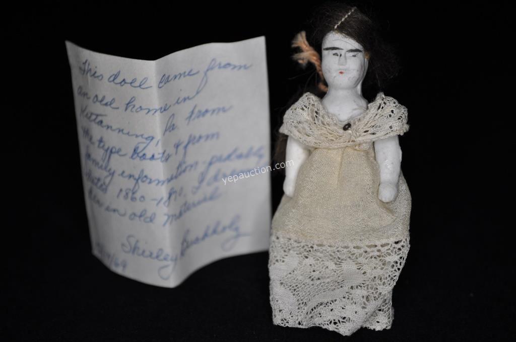 One Arm Missing 13 Antique Miniature Bisque Doll Wearing Lace Dress Real Hair, Jointed