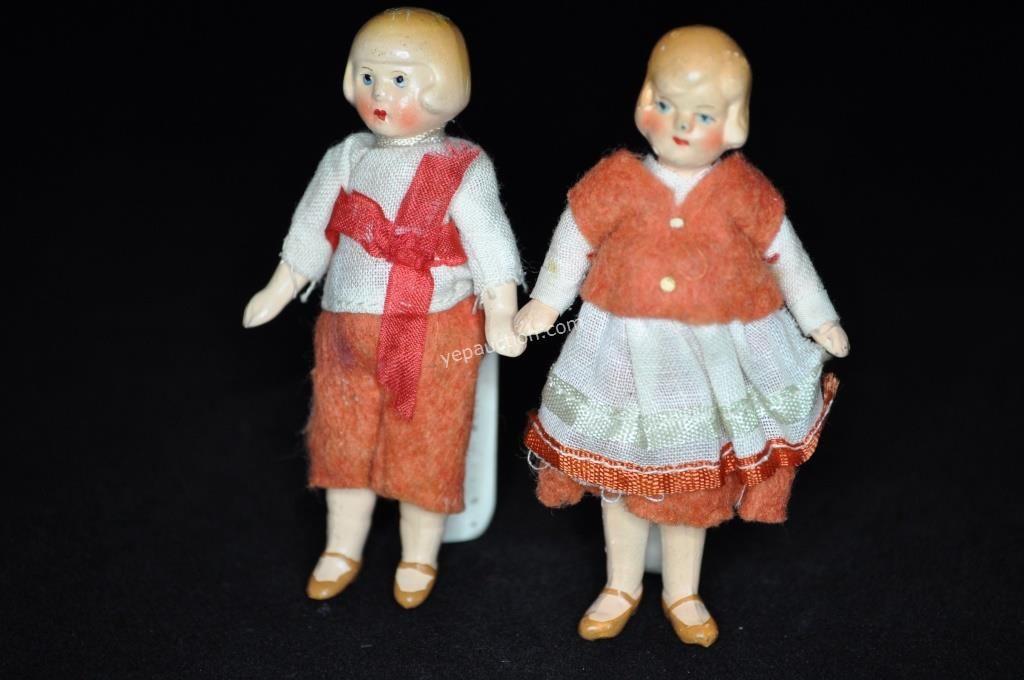Condition 14 Antique 2 1/2" Baby Bisque Doll In Dress & Bonnet Jointed Arms & Legs, Marks: