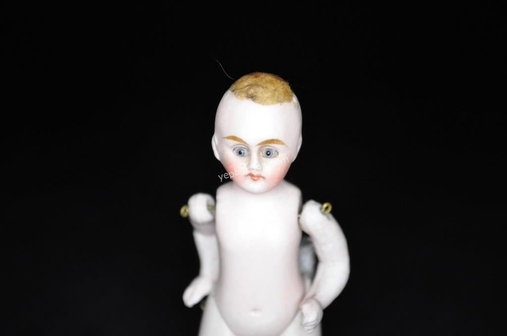 Page: 3 16 3 1/2" German Bisque Doll, Pretty Face, Jointed Arms & Legs, Glass Eyes,
