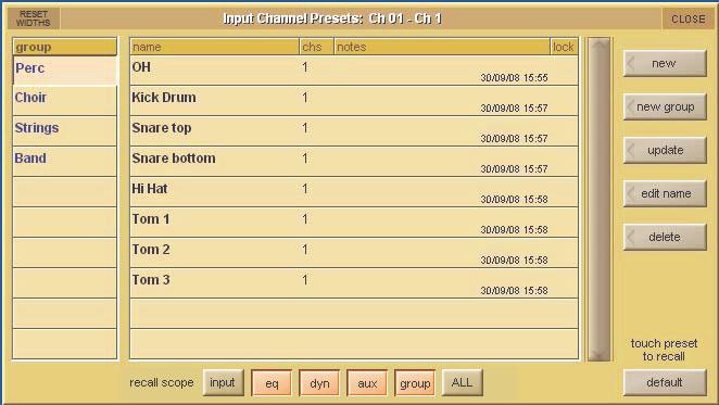 Chapter 1 1.9 Presets Presets are used for storing and recalling settings for channels, fx units, graphic EQs and the matrix.