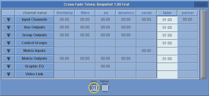 Each snapshot can be given a recall at time (the timecode value at which the snapshot will fire) and a duration (the time lapse before moving onto the following snapshot).