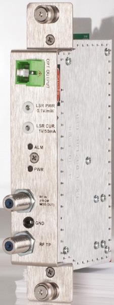 Optical Transmitter Module DVFTXM INPUT F, 75 Ω MAXIMUM RF LEVEL 48 dbmv (Single QAM Carrier at 45-870 MHz) (1) RETURN LOSS 18 db (min) OUTPUT SC/APC, 1 Port OPTICAL POWER 10.0 +/- 1.