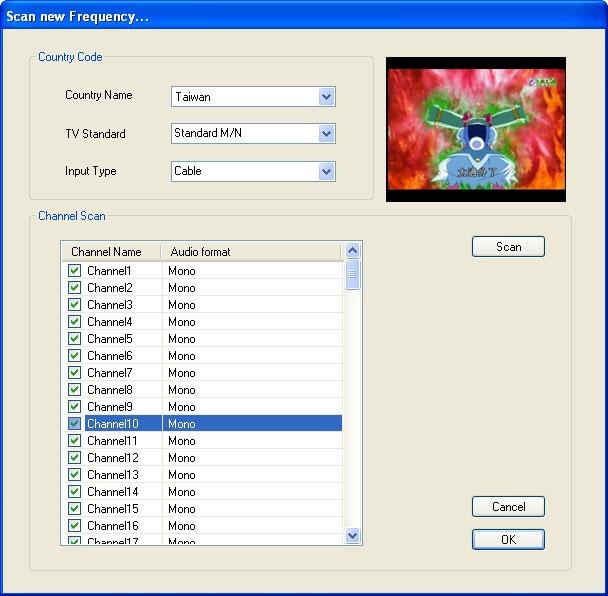 The LifeView MVP 4.4 Scanning for channels (Analog TV) When in TV mode, choosing Tool then Scan or clicking on the Scan button will open up the following screen.