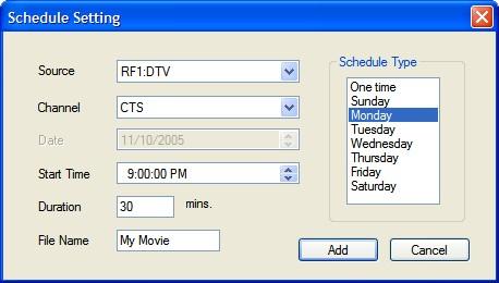 scheduled recording. The Add and Edit buttons open a second menu: First, select the Schedule Type from the right side of the screen. Click One time if this is a one-time only recording.